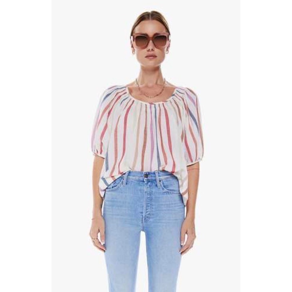 Mother The Puff Sleeve Tie Back Top Multicolor Striped Cotton Blouse Size Small